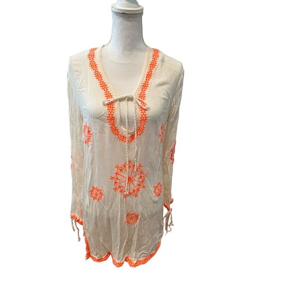 White Long Sleeve Cover Up Resort Dress Embroidered Neon Orange - Picture 1 of 7
